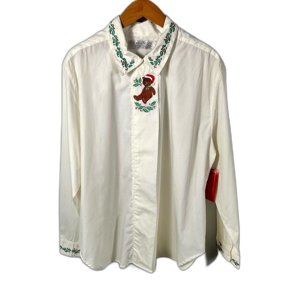 Karen Scott Vintage Cream Teddy Bear Holiday Button-Down Shirt NWT Size XL